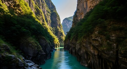 Turquoise river flows through lush green mountain gorge under bright sunlight