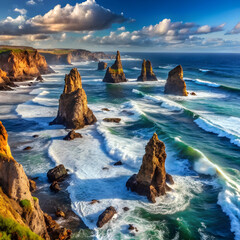 Dramatic coastal rock formations ocean waves crashing