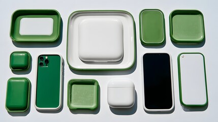 Assorted green and white protective cases for electronic devices.