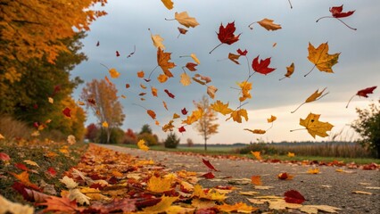 Dramatic autumn leaves falling on road in vibrant seasonal colors for Thanksgiving and harvest celebrations