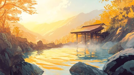 Soft golden hues painting the water of a dreamy mountain onsen