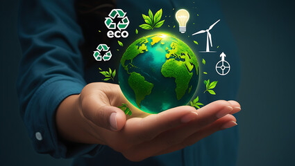 Hand holding glowing green earth with eco friendly symbols and renewable energy icons