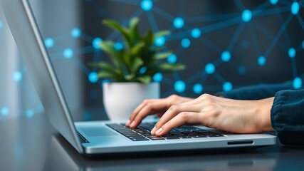 Hands typing on laptop keyboard with digital network background technology