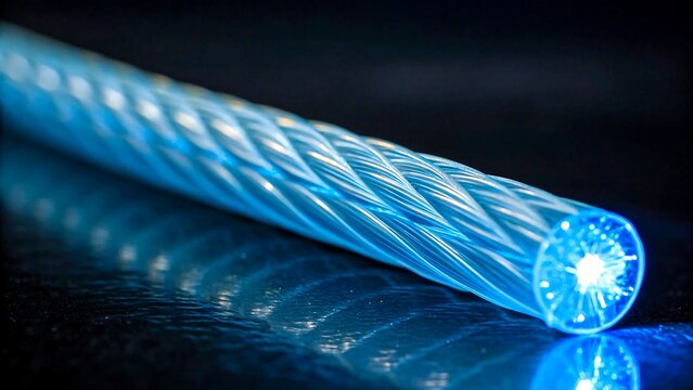 Close-up of glowing blue fiber optic cable with illuminated core on dark surface

