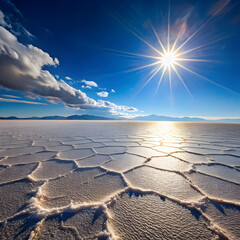 Sunlit hexagonal salt flats under blue sky hexagonal patterns
