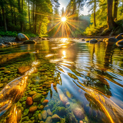 Sunlit forest stream with clear water and pebbles sunlight