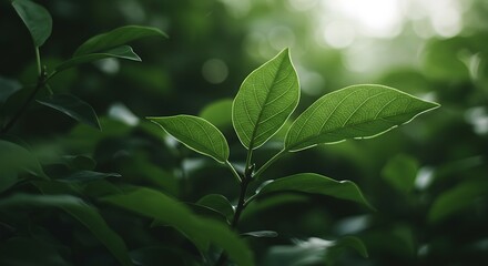 Green leaves glowing in sunlight across a fresh forest background