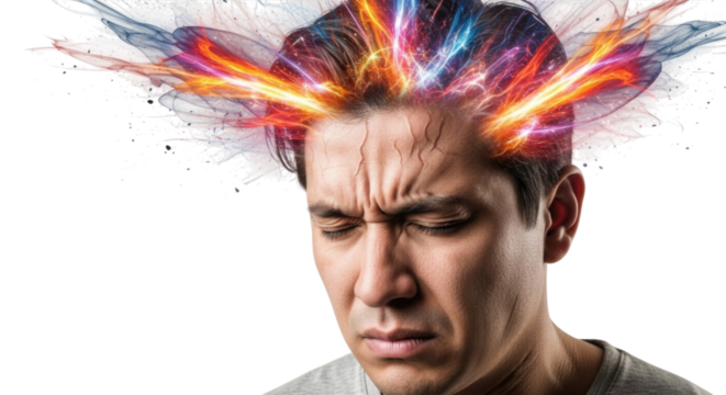 Man with vibrant energy in mind experiencing an overwhelming emotional moment cutout isolated on transparent bg, png