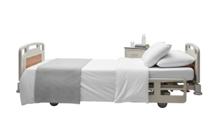 Hospital bed with white linens and side table cutout isolated on transparent bg, png