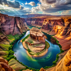 Vast canyon river bend with dramatic clouds rock formations