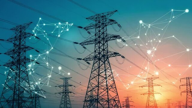 High voltage electricity transmission towers against a sunset sky with a digital network overlay, symbolizing smart grid technology and energy distribution