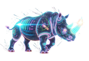 Fototapeta premium Rhinoceros with neon circuit patterns design, colorful and futuristic look, cutout isolated on transparent bg, png