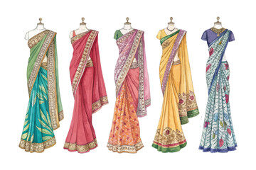 set of watercolor sari from India vector illustration isolated on white background
