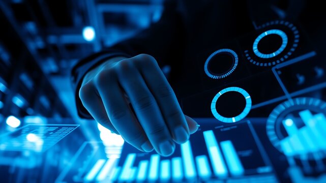 Hand interacting with futuristic blue digital interface image - Powered by Adobe