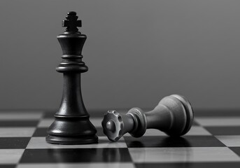 Chess Game Standing King and Fallen Queen Representing Strategy, Competition, and the End of the Game on a Checkered Board
