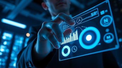 Man touching futuristic holographic interface with charts image