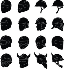 Black Helmet Silhouette Collection: Diverse Vector Icons of Motorcycle, Sport, and Historical Helmets, Ideal for Safety, Gaming, and Protective Gear Design Projects.