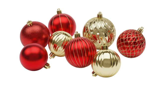 Red and gold decorative Christmas ornaments cutout isolated on transparent bg, png