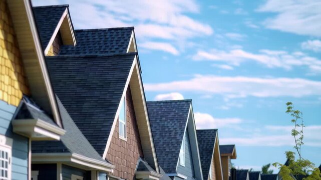 Colorful row of modern houses with steep roofs under a bright blue sky with scattered clouds