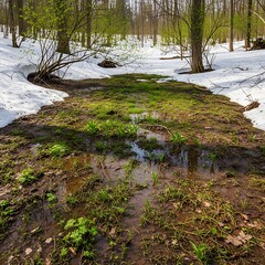 Melting snow reveals new green shoots and muddy ground in a forest clearing
