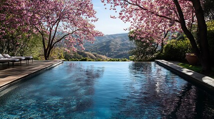 Sparkling pool under cherry blossoms in the hills