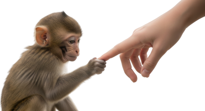 Cute monkey reaches out with tiny paw to touch a person's finger in a heartwarming interaction cutout isolated on transparent bg, png