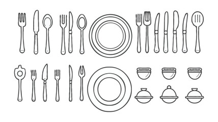 Elegant Table Setting Illustration with Cutlery and Dishes, Perfect for Restaurant Menus or Culinary Design Projects