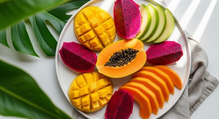 An artful platter of sliced tropical fruits including mango, papaya, and dragon fruit. A vibrant and healthy image perfect for themes of nutrition and summer.