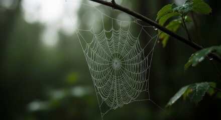 
Intricate spider web covered with morning dew drops hanging between tree branches. Natural pattern and geometry in green forest environment. Wildlife and nature concept.