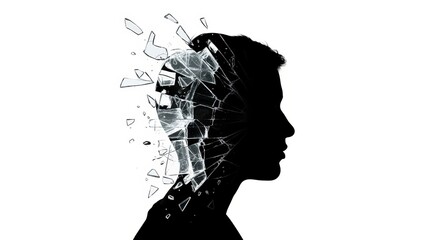 Black silhouette of human head with exploding shattered glass fragments. Abstract concept representing mental breakdown, psychology, stress, trauma, or breakthrough moments.