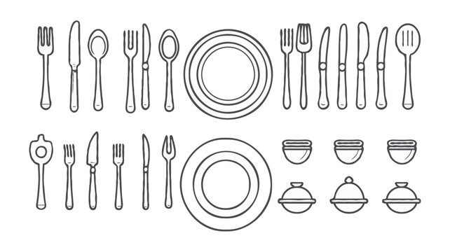 Elegant Table Setting Illustration with Cutlery and Dishes, Perfect for Restaurant Menus or Culinary Design Projects