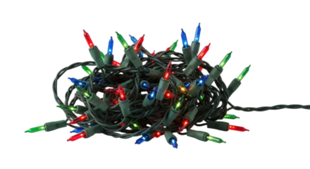 Colorful holiday string lights tangled together cutout isolated on transparent bg, png
