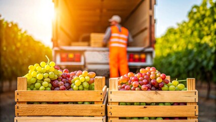 Fresh grapes harvest in wooden crates with worker loading truck in vineyard


