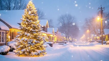 A beautifully decorated christmas tree illuminates a snowy village street at night with warm lights, creating a festive winter holiday atmosphere - Powered by Adobe