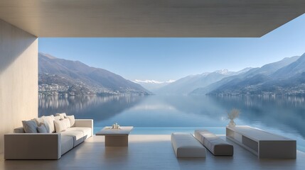 Modern outdoor living space with stunning lake views.
