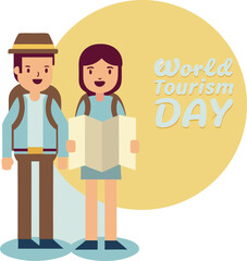 Happy world tourism day with travelers holding a map isolated on transparent background