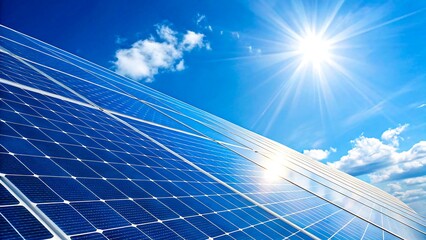 Blue solar panels reflecting sunlight under clear sky on sunny day

