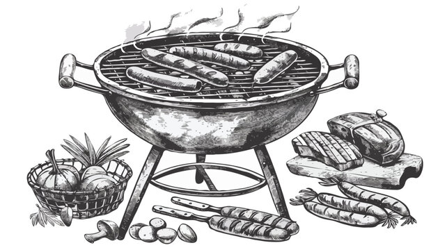 grilling scene: charcoal grill with food, black and white clip art preview