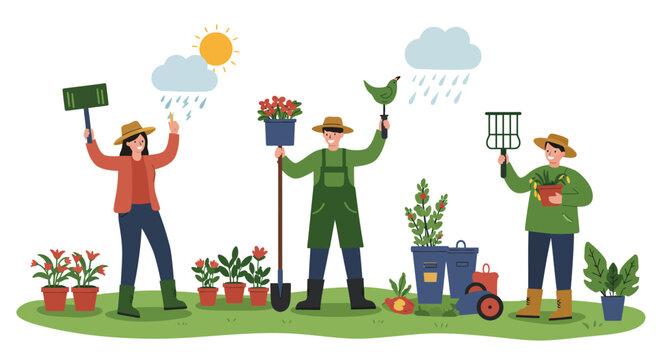 Gardeners Enjoying Gardening with Plants Tools and Weather.
