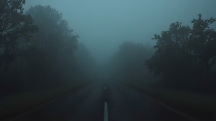 Fototapeta premium A thick fog covering the landscape, reducing visibility to near zero. Trees and roads are barely visible, creating a mysterious and dangerous atmosphere with eerie conditions.