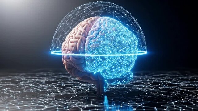 A split view of a human brain, one half organic and the other a glowing digital network, representing the connection between biology and artificial intelligence
