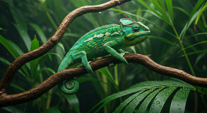 Colorful chameleon climbing a branch in a humid tropical rainforest, with water droplets on the surrounding leaves.