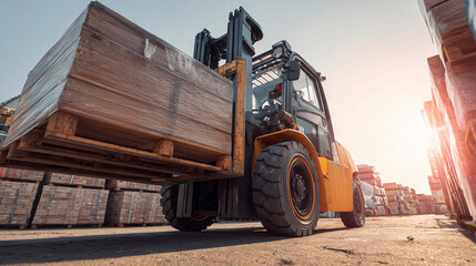 Forklift moving loaded pallet in a storage yard at sunset