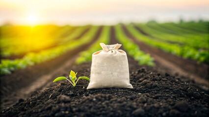 Fertilizer bag on rich soil with young green sprout in crop field at sunrise

