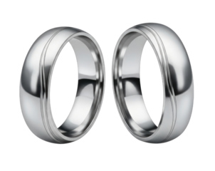 Elegant matching silver wedding bands with a polished finish cutout isolated on transparent bg, png