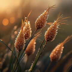 Dew-covered grass illuminated by soft morning light.