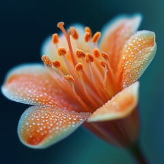 Delicate flower with dewdrops on petals in soft focus.