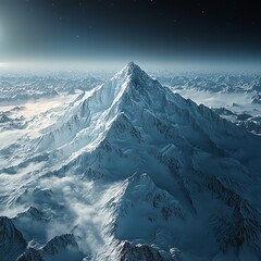 Majestic mountain peak surrounded by clouds and distant stars.