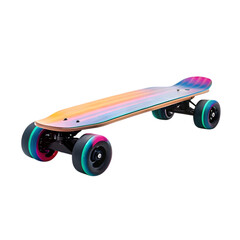 Longboard skateboard with colorful rainbow gradient deck and black wheels for recreational riding isolated on transparent background