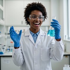 Female scientist. She is happily holding a test tube in the laboratory. She is wearing protective glasses and blue gloves.